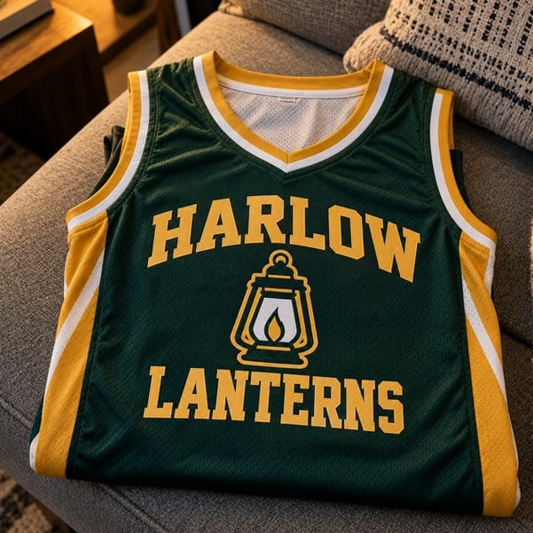 Customer photo of a custom basketball jersey on a couch