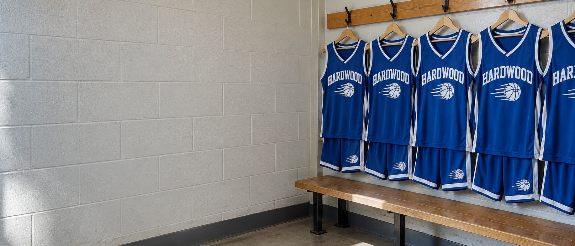 Custom basketball jerseys for a team hanging in a gym locker room